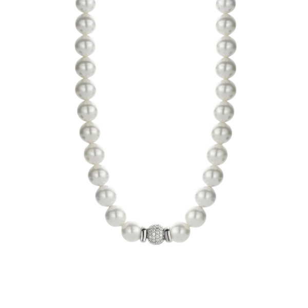 TI SENTO necklace is delicately strung with white pearls and features a sphere of pavé set zirconias