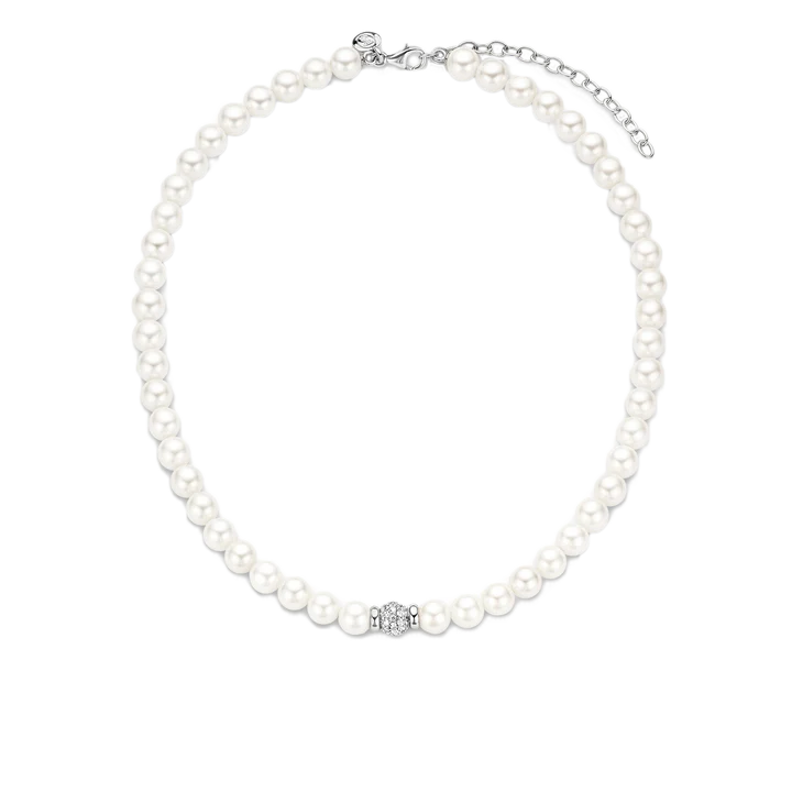 TI SENTO necklace is delicately strung with white pearls and features a sphere of pavé set zirconias