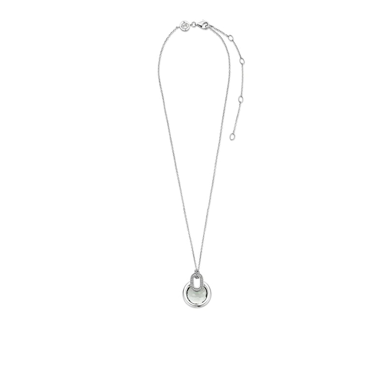  TI SENTO necklace is made of rhodium plated sterling silver. The pendant has a transparent green crystal as well as pavé-set zirconias 