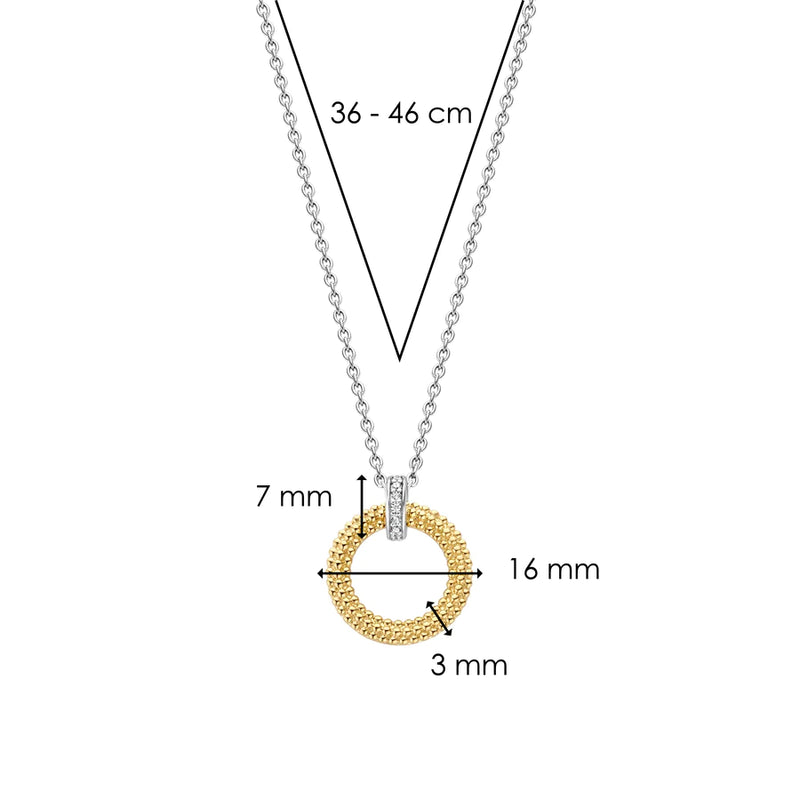 TI SENTO gold-plated silver necklace flaunts a circular pendant with a gold-plated structured design. Its clip-eye is handset with a pavé of white cubic zirconia stones