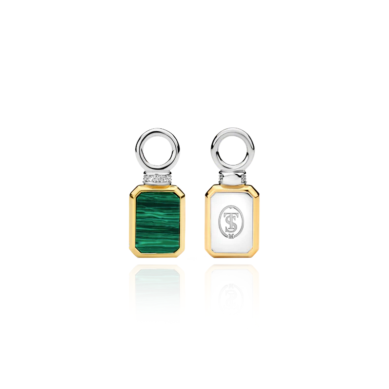 TI SENTO gold-plated silver ear charms flaunt iconic rectangular malachite green stones handset in gold-plated settings