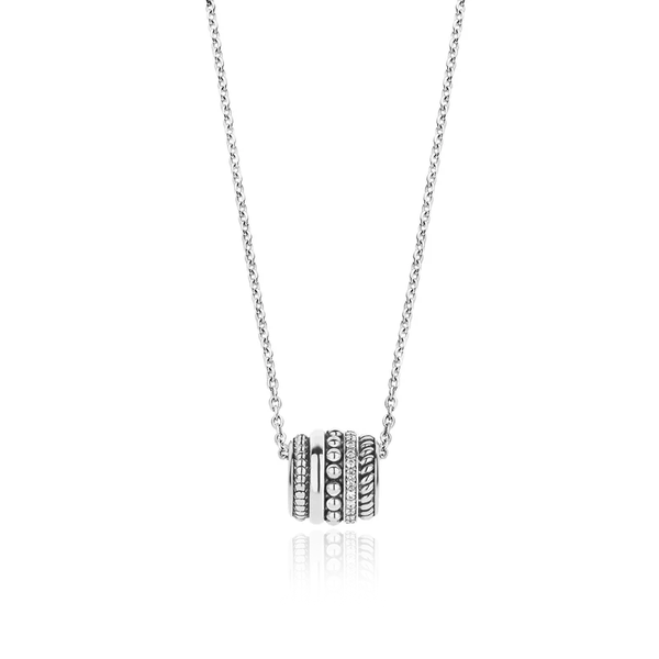 ti sento necklace features five rings with different patterns - one with a rope and oxidised effect, two with miniature silver balls, one smooth silver and another studded with cubic zirconia