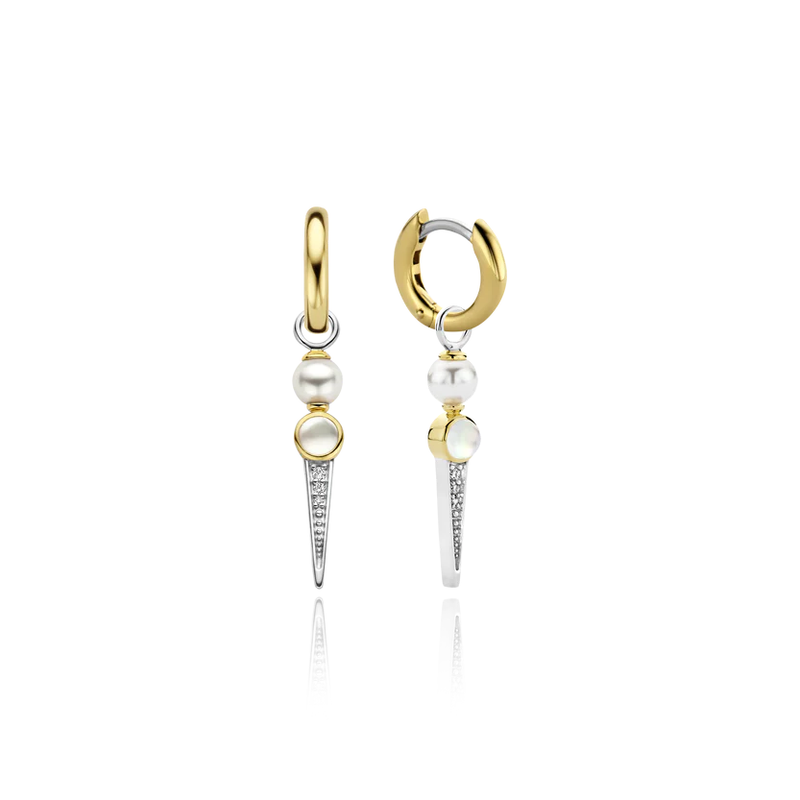 TI SENTO gold-plated earrings feature an edgy shape decorated with lustrous pearls, dreamy mother of pearl, dazzling pavé, and radiant yellow gold plating. Pearls are juxtaposed with sharp shapes