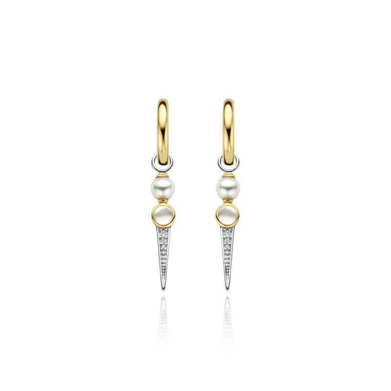 TI SENTO gold-plated earrings feature an edgy shape decorated with lustrous pearls, dreamy mother of pearl, dazzling pavé, and radiant yellow gold plating. Pearls are juxtaposed with sharp shapes