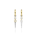 TI SENTO gold-plated earrings feature an edgy shape decorated with lustrous pearls, dreamy mother of pearl, dazzling pavé, and radiant yellow gold plating. Pearls are juxtaposed with sharp shapes