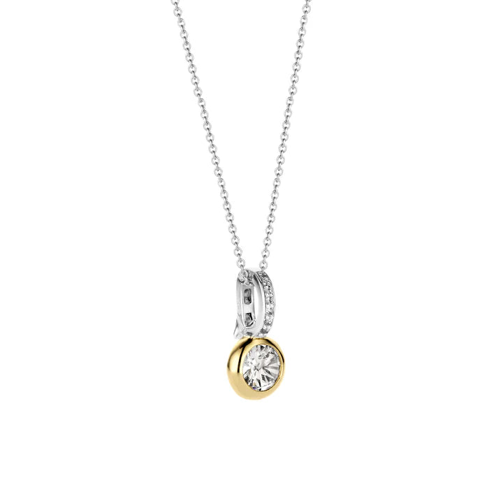 TI SENTO pendant has a large zirconia in the middle, set in a smooth setting that is yellow gold plated with yellow gold