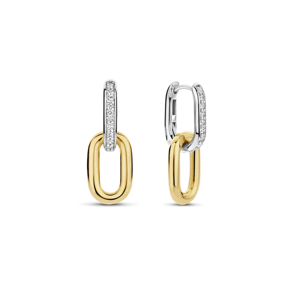 TI SENTO gold-plated silver Link Earrings. Crafted from 925 sterling silver and plated with platinum for lasting brilliance, these earrings feature two oval hoops adorned with a dazzling pave of white cubic zirconia