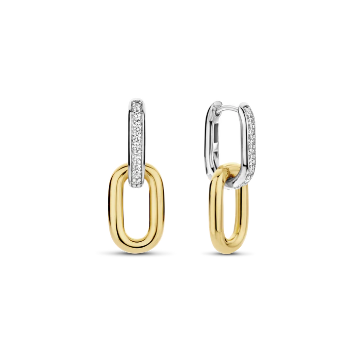 TI SENTO gold-plated silver Link Earrings. Crafted from 925 sterling silver and plated with platinum for lasting brilliance, these earrings feature two oval hoops adorned with a dazzling pave of white cubic zirconia