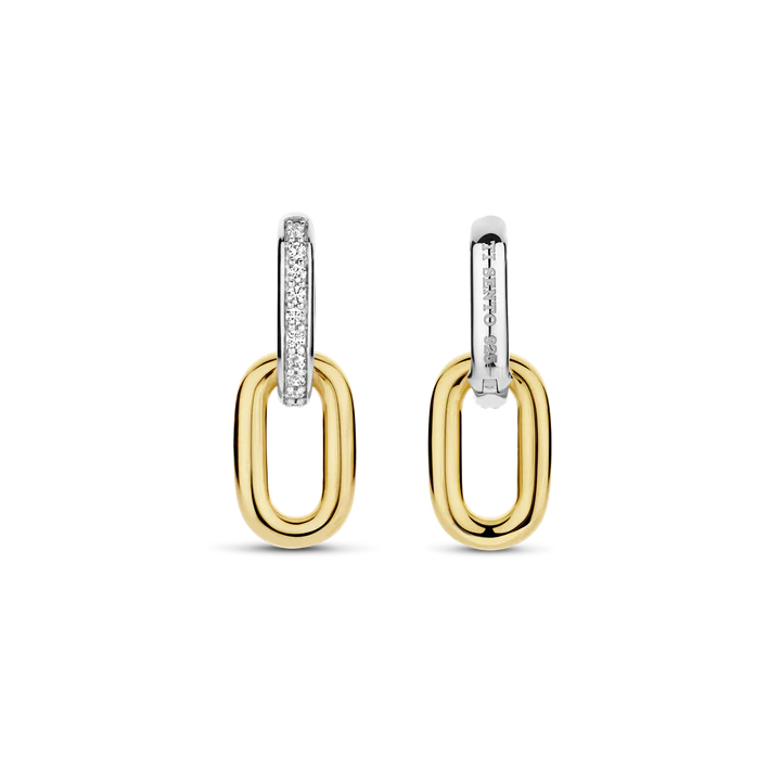 TI SENTO gold-plated silver Link Earrings. Crafted from 925 sterling silver and plated with platinum for lasting brilliance, these earrings feature two oval hoops adorned with a dazzling pave of white cubic zirconia