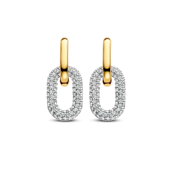  TI SENTO gold-plated silver link earrings flaunt two links handset with a pavé of white cubic zirconia stones