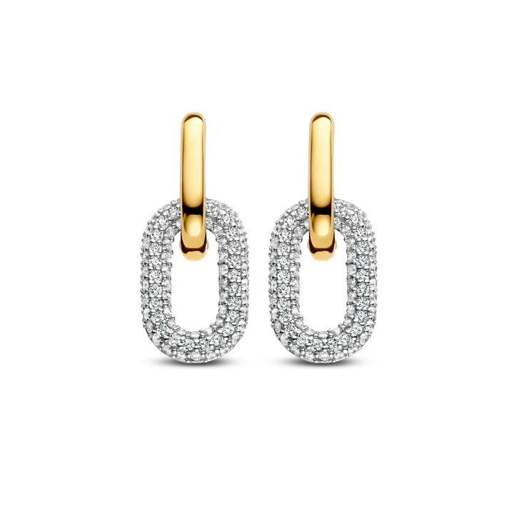  TI SENTO gold-plated silver link earrings flaunt two links handset with a pavé of white cubic zirconia stones