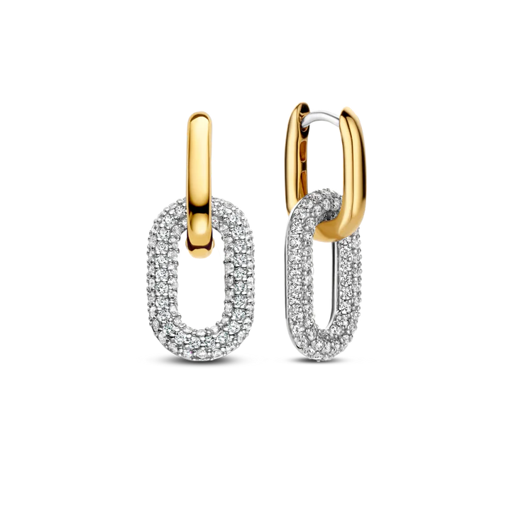  TI SENTO gold-plated silver link earrings flaunt two links handset with a pavé of white cubic zirconia stones