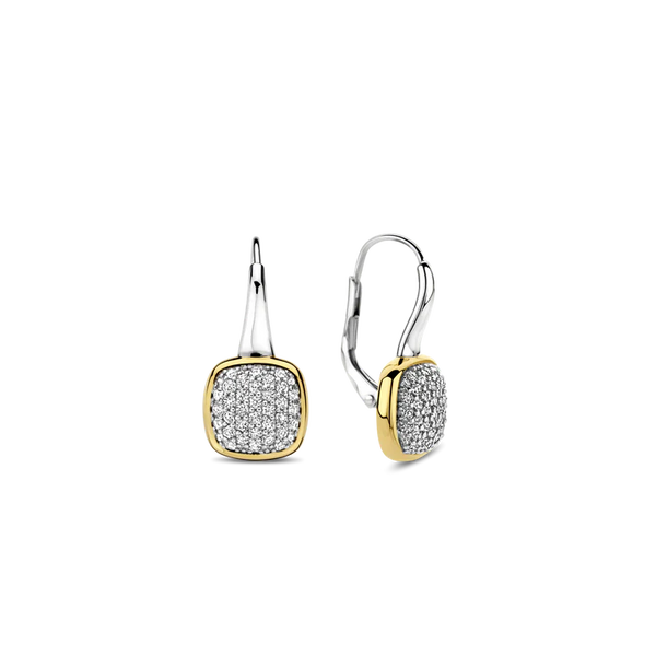 925 sterling silver and plated in radiant yellow gold, these earrings feature captivating square shapes adorned with a dazzling pave of white cubic zirconia stones