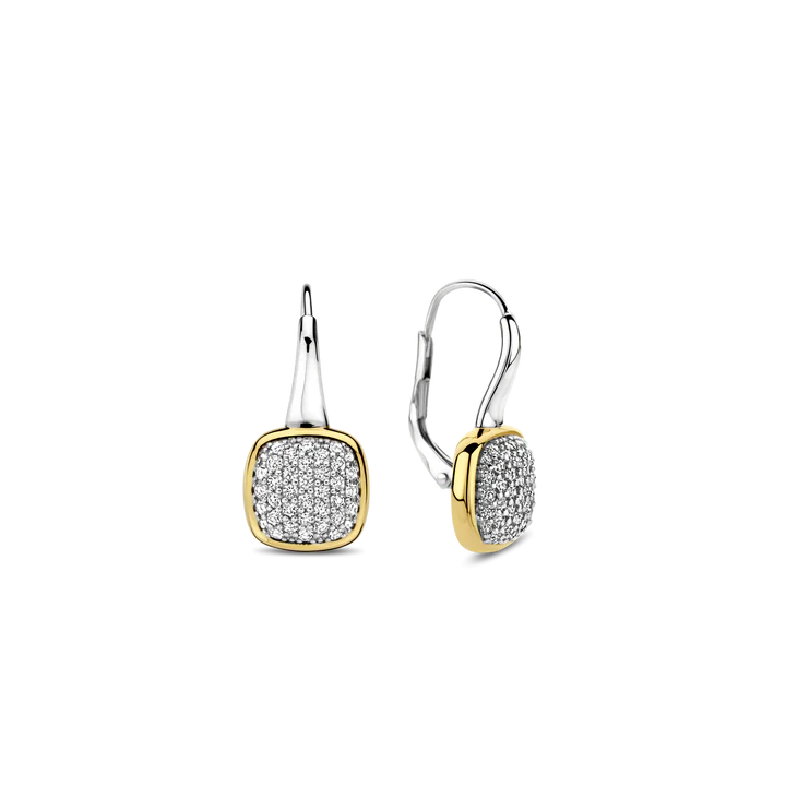 925 sterling silver and plated in radiant yellow gold, these earrings feature captivating square shapes adorned with a dazzling pave of white cubic zirconia stones