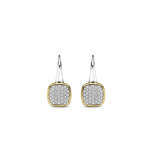 925 sterling silver and plated in radiant yellow gold, these earrings feature captivating square shapes adorned with a dazzling pave of white cubic zirconia stones