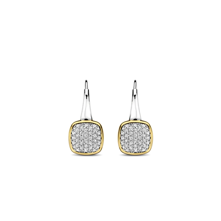 925 sterling silver and plated in radiant yellow gold, these earrings feature captivating square shapes adorned with a dazzling pave of white cubic zirconia stones