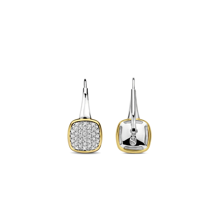 925 sterling silver and plated in radiant yellow gold, these earrings feature captivating square shapes adorned with a dazzling pave of white cubic zirconia stones