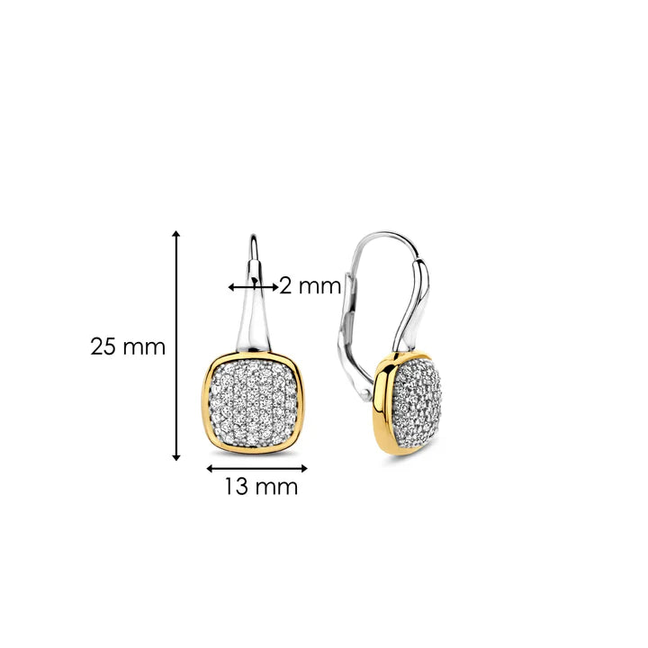 925 sterling silver and plated in radiant yellow gold, these earrings feature captivating square shapes adorned with a dazzling pave of white cubic zirconia stones