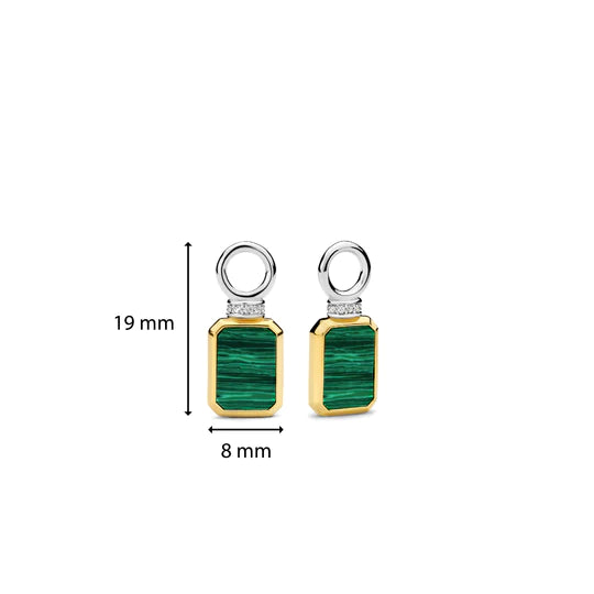 TI SENTO gold-plated silver ear charms flaunt iconic rectangular malachite green stones handset in gold-plated settings