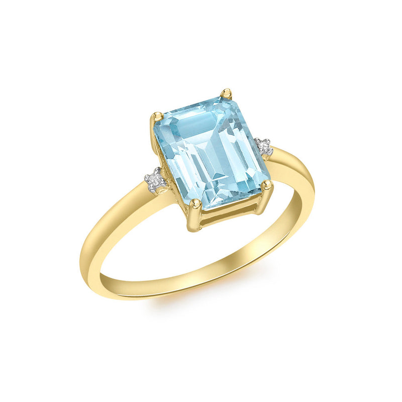 9ct Yellow Gold 0.01ct Diamond & Blue Topaz Rectangular Ring