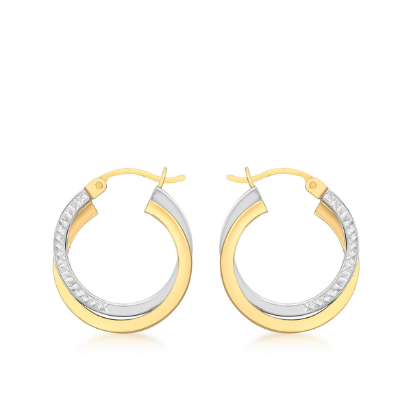 9 carat yellow white gold diamond cut creole hoop twist earrings