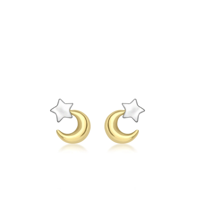 9 carat two tone yellow white gold moon stars stud earrings