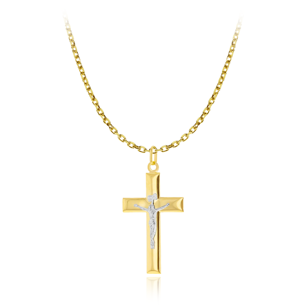 9 carat two tone white yellow gold cross crucifixion pendant with hollow chain necklace