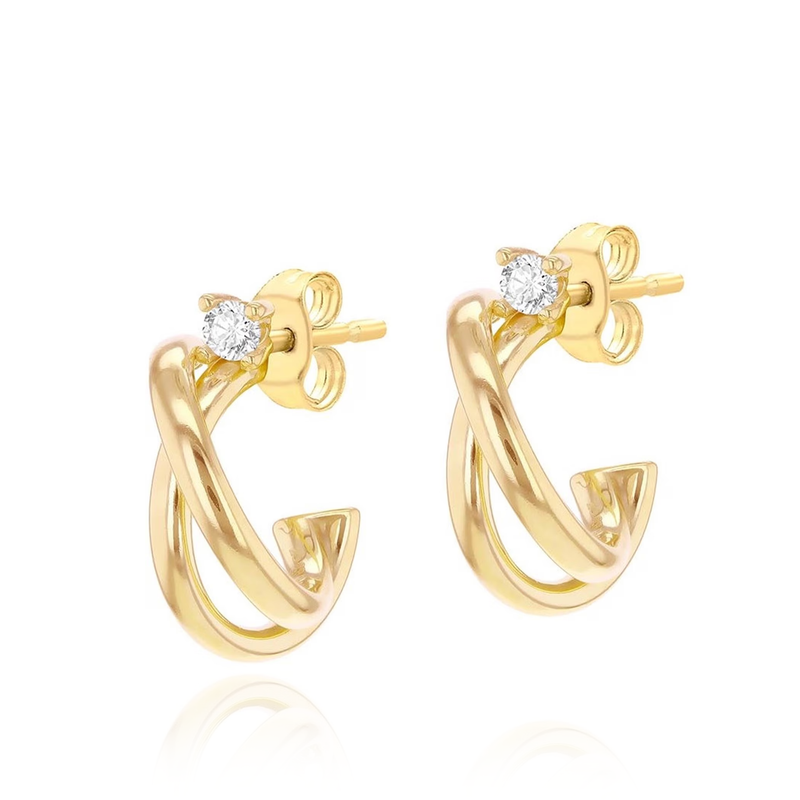 9 carat yellow gold crossover cz cubic zirconia stones half hoops earrings stud