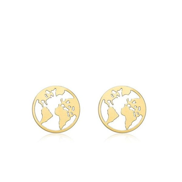 9 carat yellow gold world map disc stud earrings