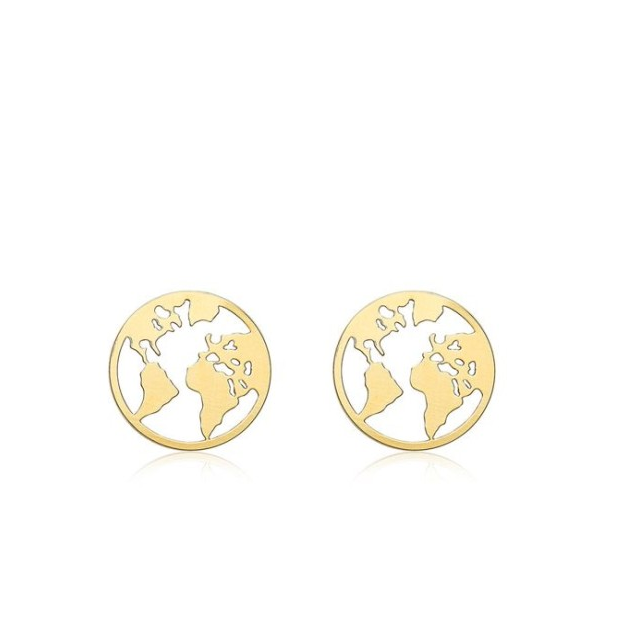 9 carat yellow gold world map disc stud earrings