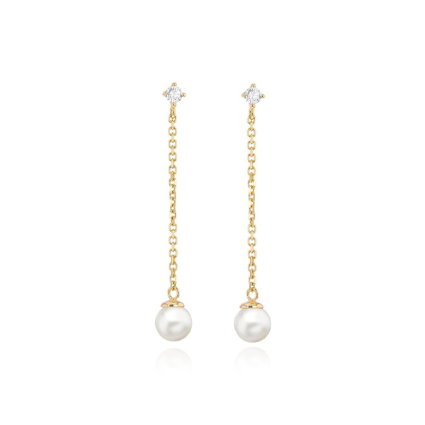9CT YELLOW GOLD CZ PEARLS CHAIN DROP STUD EARRINGS