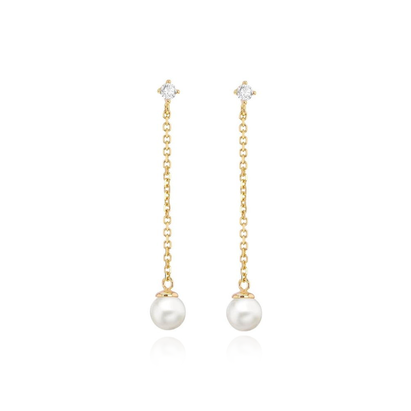 9CT YELLOW GOLD CZ PEARLS CHAIN DROP STUD EARRINGS