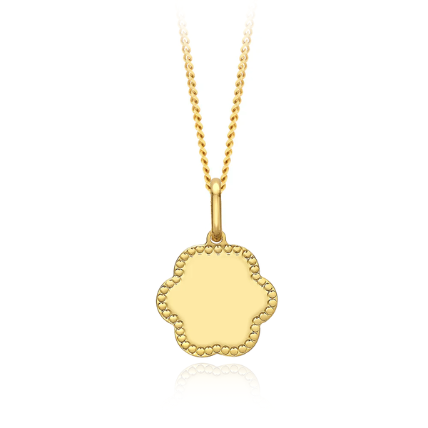 9 carat yellow gold dotted edge flower pendant necklace