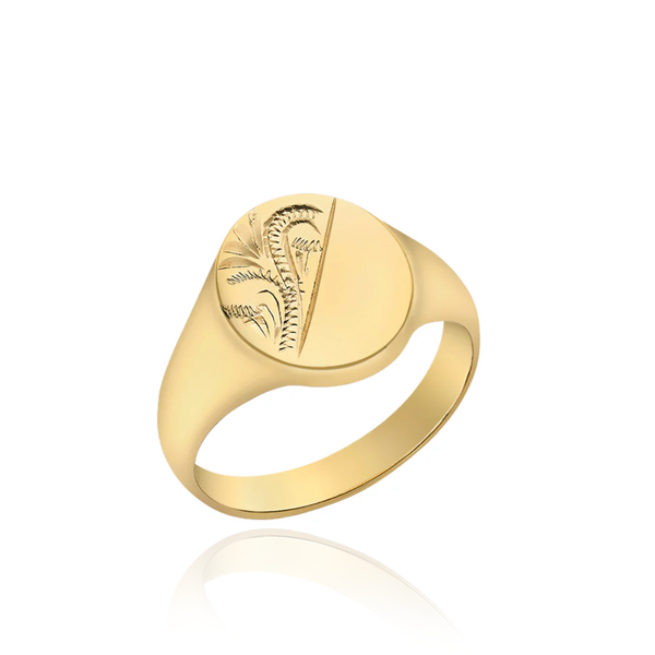 9CT YELLOW GOLD HALF-ENGRAVED OVAL SIGNET RING