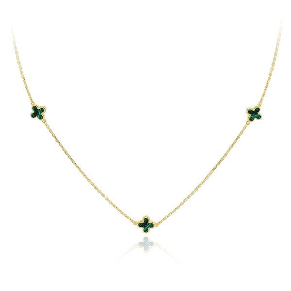 9CT YELLOW GOLD MALACHITE CLOVER PETALS NECKLACE