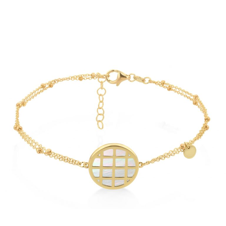 9 carat yellow gold mother of pearl basket beaded bracelet