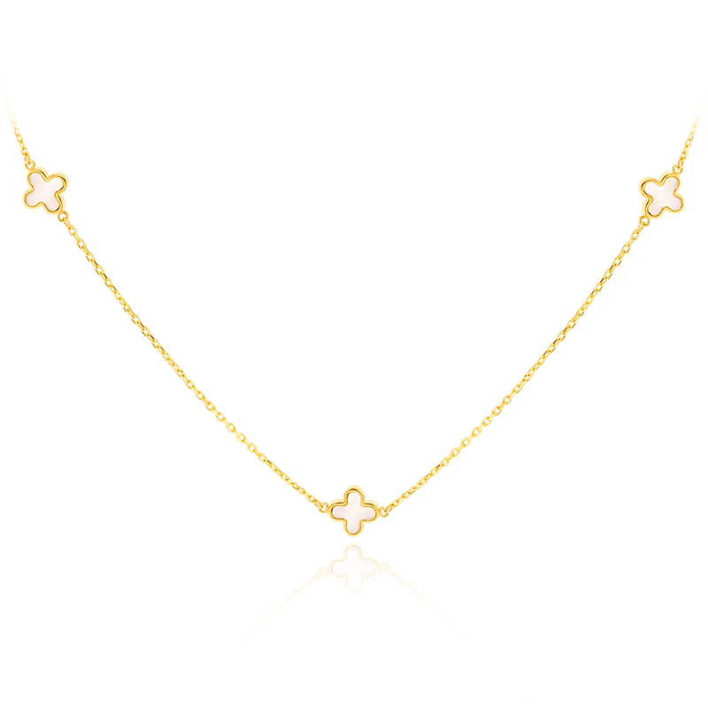 9CT YELLOW GOLD MOTHER OF PEARLS CLOVER PETALS NECKLACE
