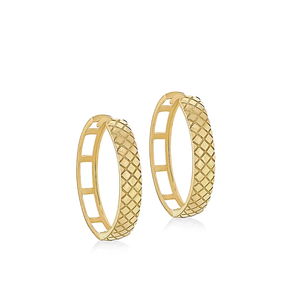 9CT YELLOW GOLD QUILTED MEDUM HOOP EARRINGS