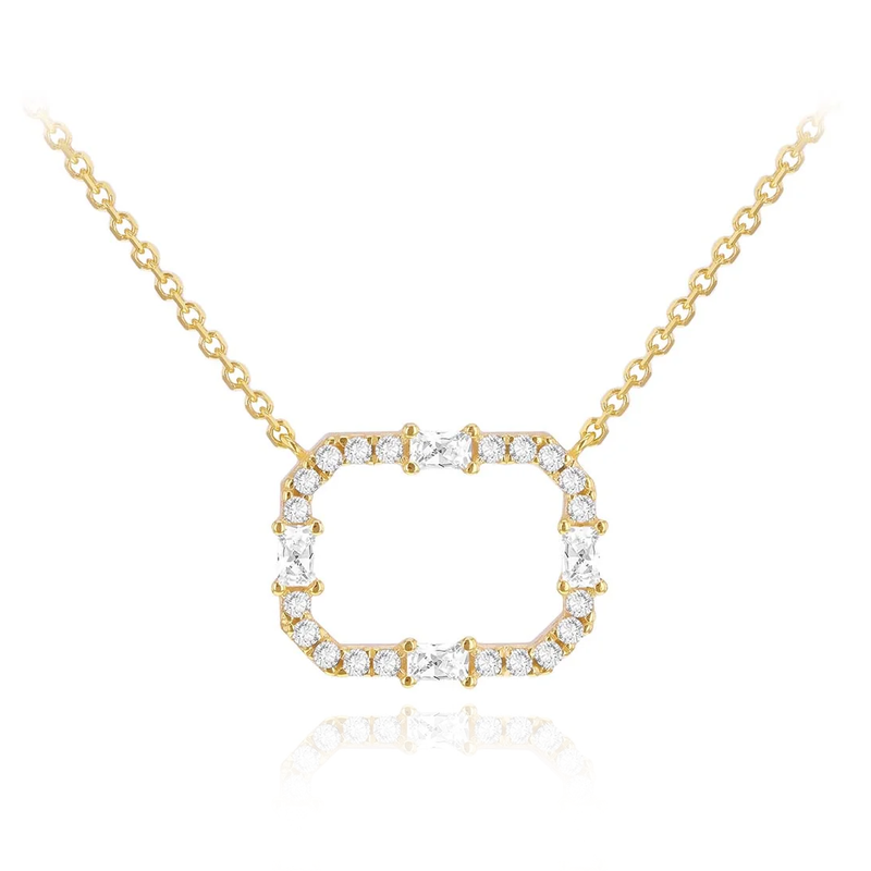 9 carat yellow gold rectangle frame cz cbic zirconia necklace