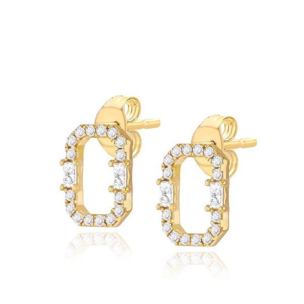 9 carat yellow gold rectangle frame cz cubic zirconia stones stud earrings