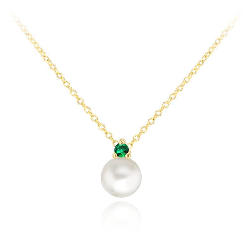 9CT YELLOW GOLD ROUND PEARL GREEN CZ ADJUSTABLE NECKLACE