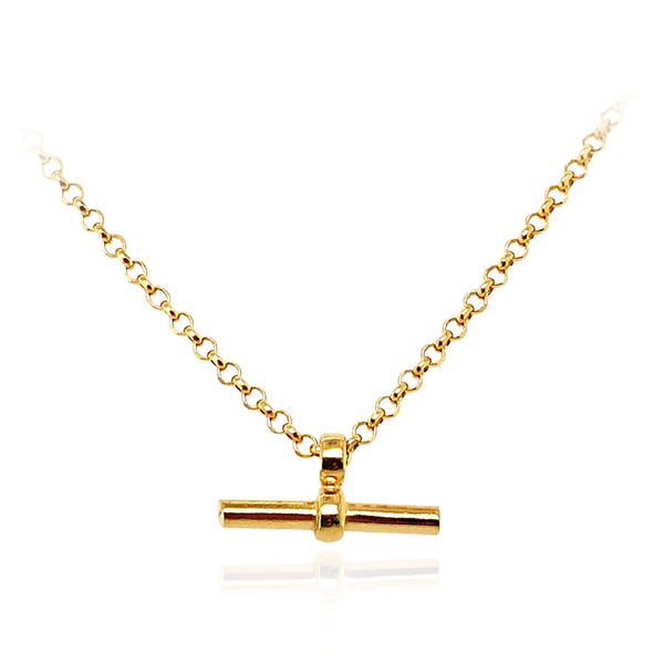 9 carat yellow gold t-bar pendant with belcher chain necklace