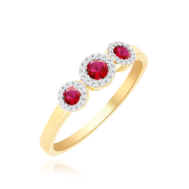 9CT YELLOW GOLD TRINITY RUBIES DIAMONDS RING