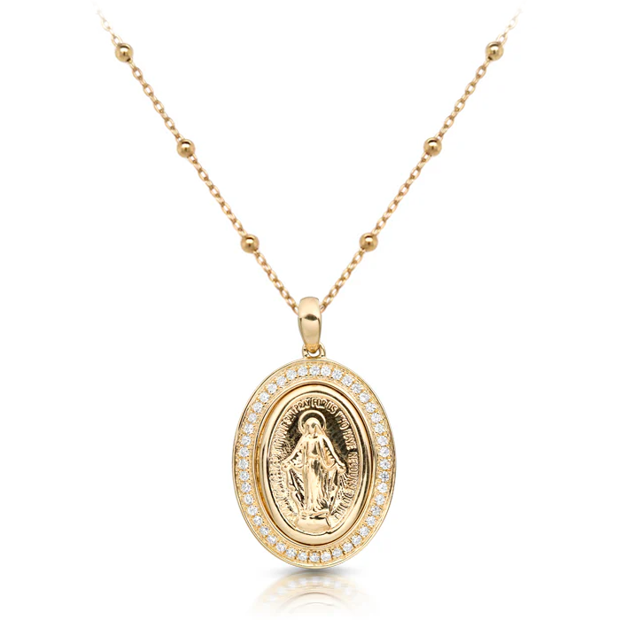 9K Gold Miraculous Medal and Rosary Style Chain Necklace