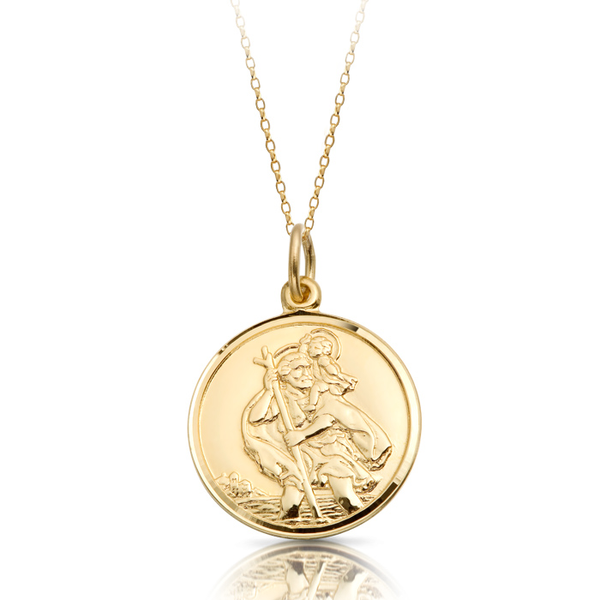 Claddagh 9K Gold St Christopher Medal Round Belcher Chain Necklace