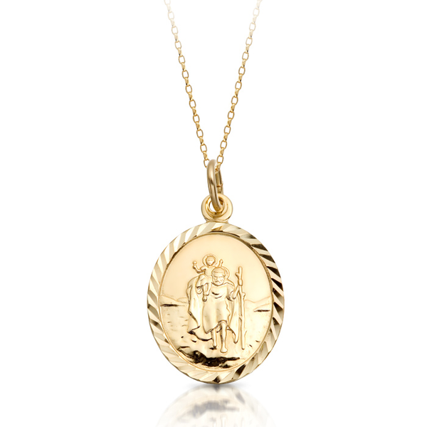 Claddagh 9K Gold St Christopher Medal Round Belcher Chain Necklace