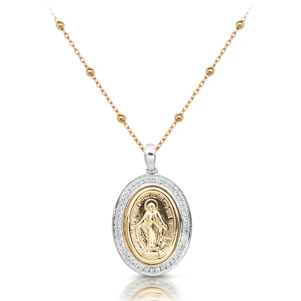 9K Two Tone Gold Miraculous Medal and Rosary Style Chain Necklace