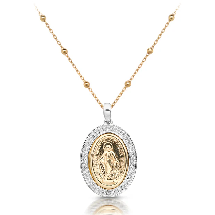 9K Two Tone Gold Miraculous Medal and Rosary Style Chain Necklace