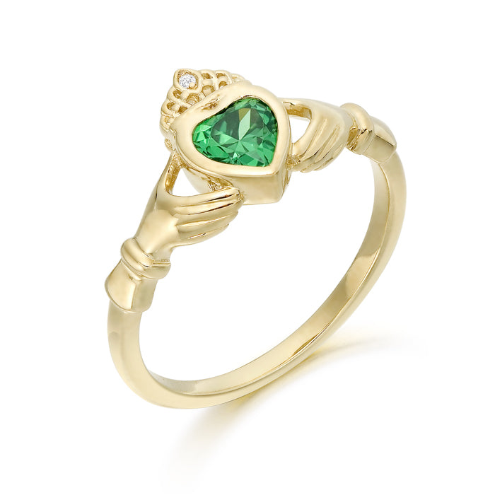 9 carat yellow gold emerald green white cz cubic zirconia stone cleddagh ring