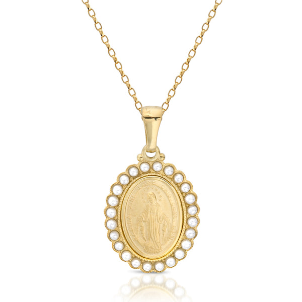 9ct Yellow Gold Miraculous Medal Studded with Pearls
